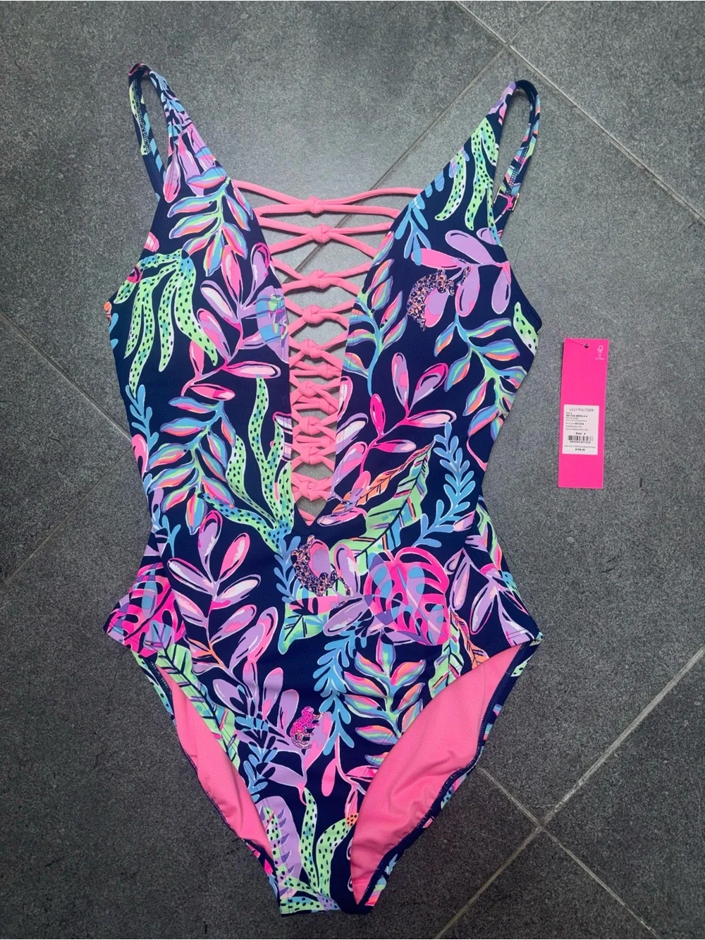 Lilly Pulitzer Navy One-Piece Swimsuit with Pink Lace-Up Front - NWT